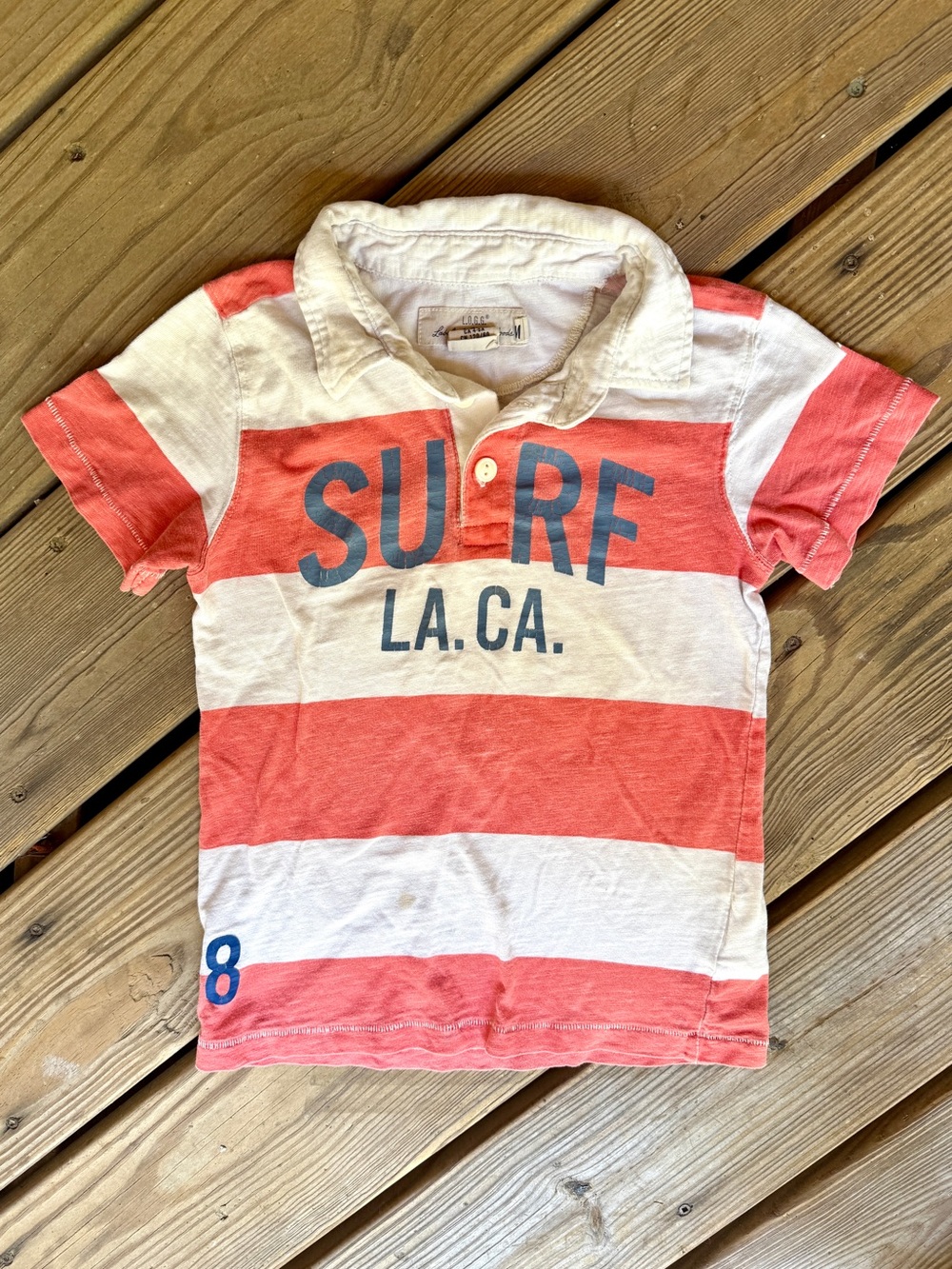 H&M L.O.G.G. Boys Striped Surf Graphic Polo Shirt Size 4-6Y Coral Red